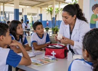 Saúde na Escola alcança 61.215 estudantes em 144 unidades de Porto Velho Saúde na Escola em Porto Velho com profissional orientando estudantes sobre primeiros socorros