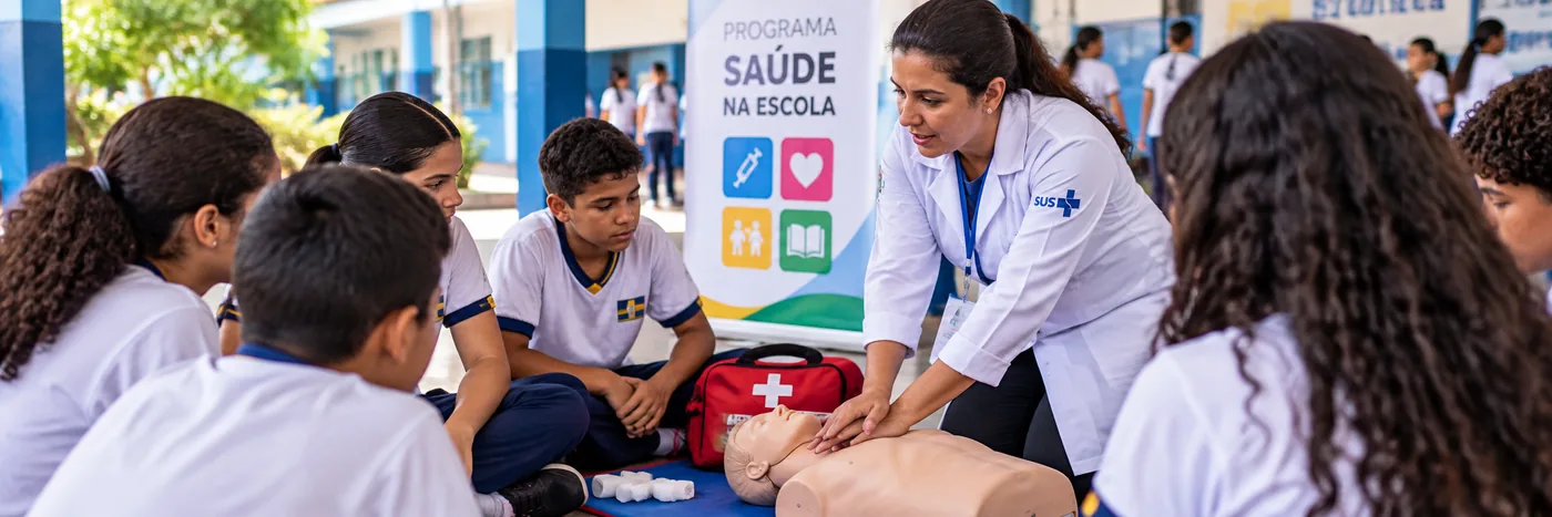 Ações do Programa Saúde na Escola em Porto Velho Estudantes acompanham demonstração de primeiros socorros no Programa Saúde na Escola