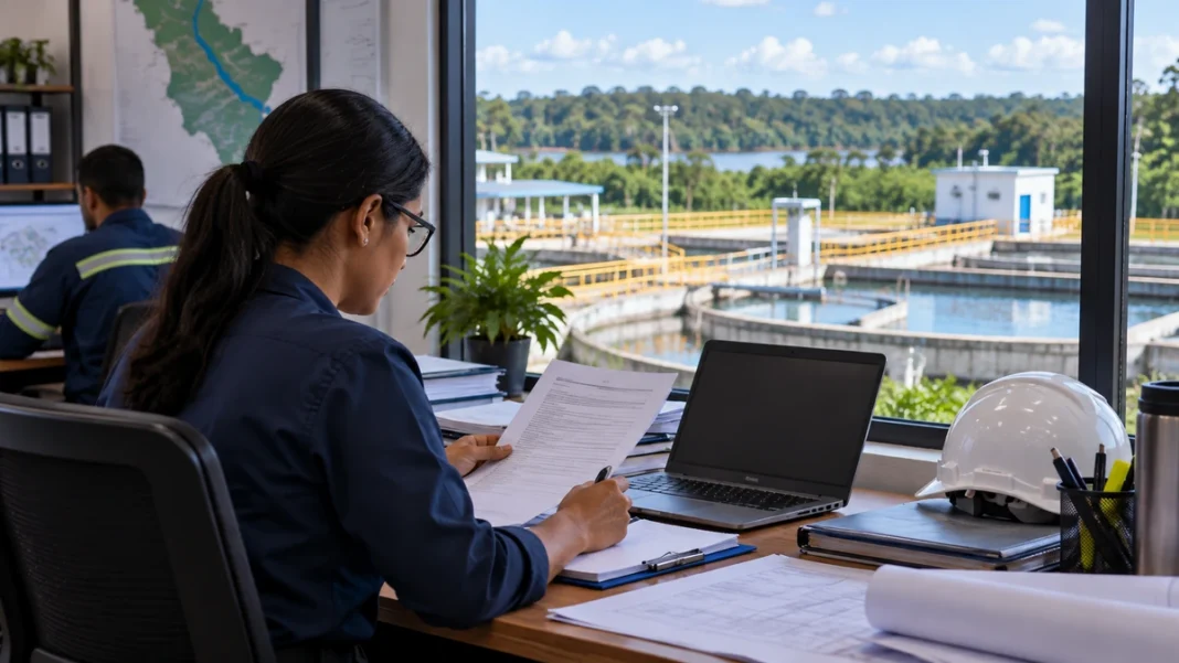 Imagem ilustrativa de profissional analisando documentos em escritório técnico com vista para instalação de saneamento em Rondônia