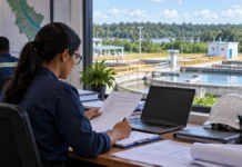 CISAN abre seleção em Rondônia com 9 vagas e salários de até R$ 7,1 mil Imagem ilustrativa de profissional analisando documentos em escritório técnico com vista para instalação de saneamento em Rondônia
