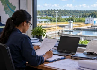 CISAN abre seleção em Rondônia com 9 vagas e salários de até R$ 7,1 mil Imagem ilustrativa de profissional analisando documentos em escritório técnico com vista para instalação de saneamento em Rondônia
