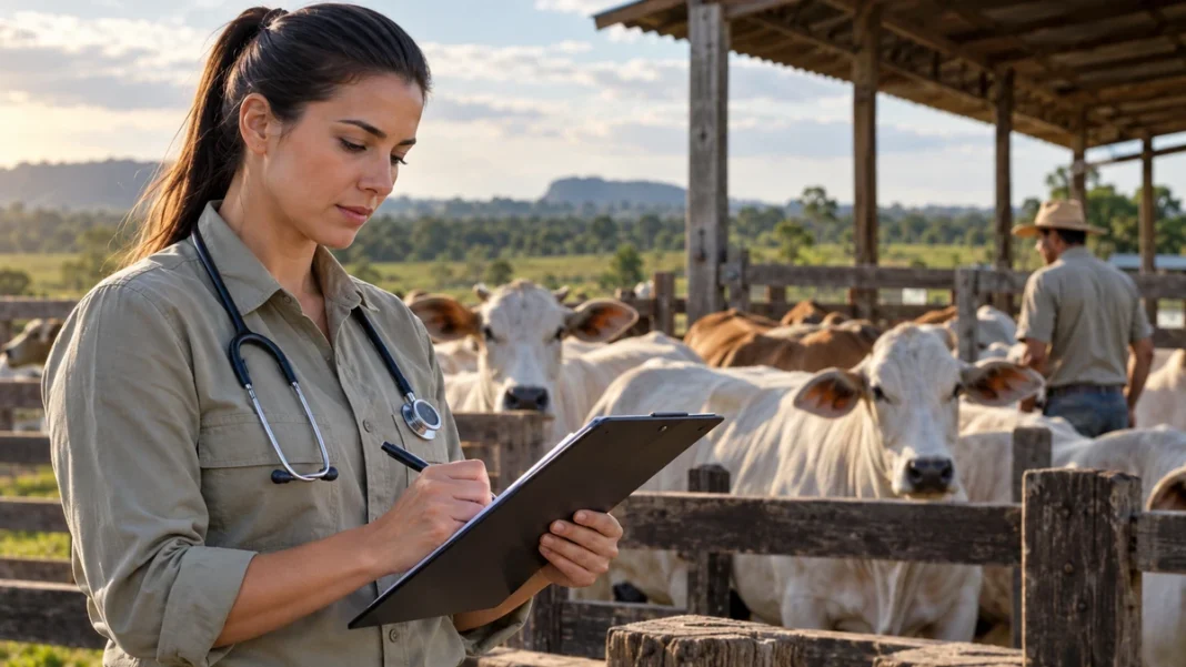 Imagem ilustrativa de profissional de medicina veterinária com prancheta junto a bovinos, representando o seletivo da Semagri em Vilhena.