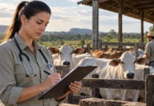 Vilhena terá seletivo para inspeção sanitária e veterinário; veja salários e prazos Imagem ilustrativa de profissional de medicina veterinária com prancheta junto a bovinos, representando o seletivo da Semagri em Vilhena.