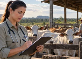 Vilhena terá seletivo para inspeção sanitária e veterinário; veja salários e prazos Imagem ilustrativa de profissional de medicina veterinária com prancheta junto a bovinos, representando o seletivo da Semagri em Vilhena.