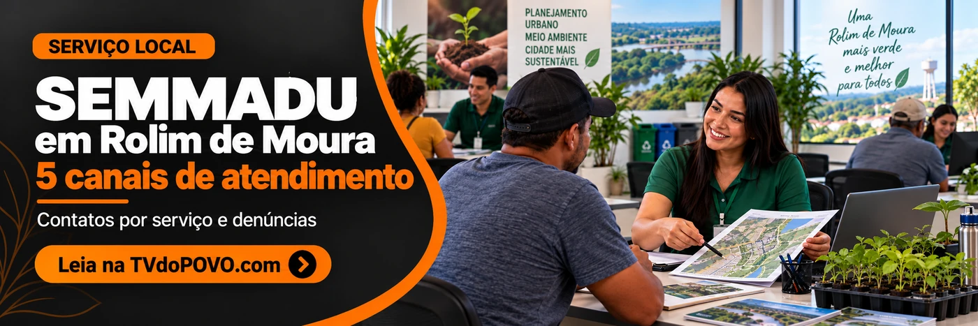 SEMMADU Rolim de Moura: cinco canais de atendimento Faixa da TVdoPOVO sobre cinco canais da SEMMADU em Rolim de Moura, com atendimento ambiental ilustrativo e assinatura Leia na TVdoPOVO.com.