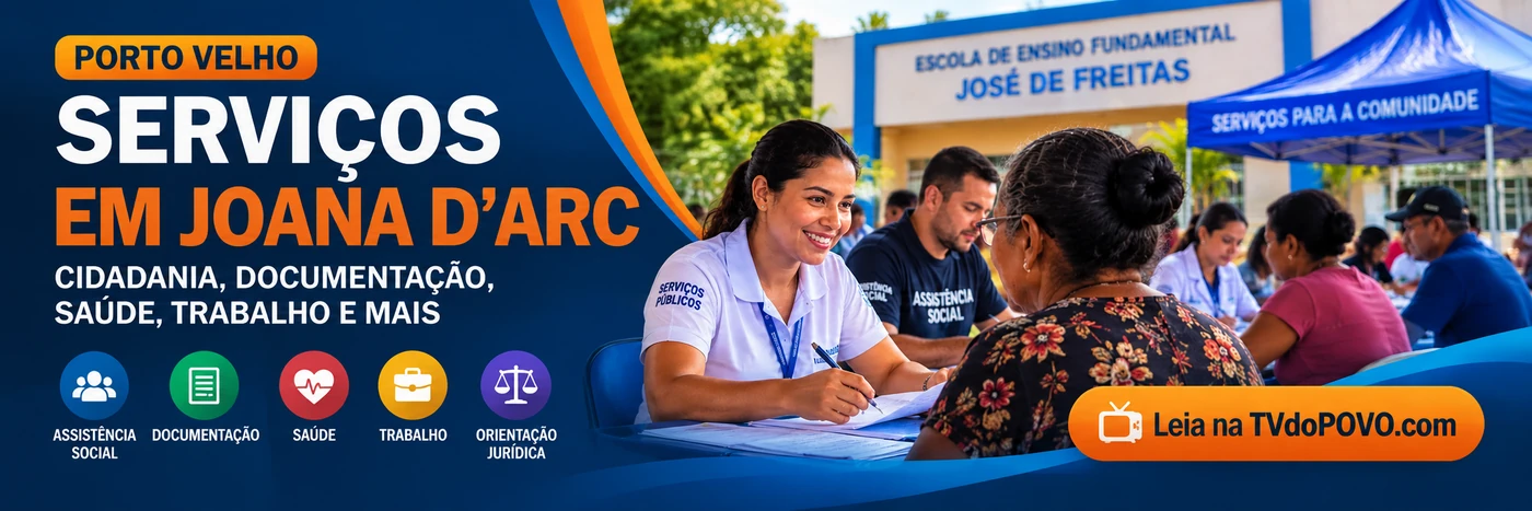 Faixa ilustrativa de serviços em Joana D’Arc com atendimento comunitário e assinatura TVdoPOVO
