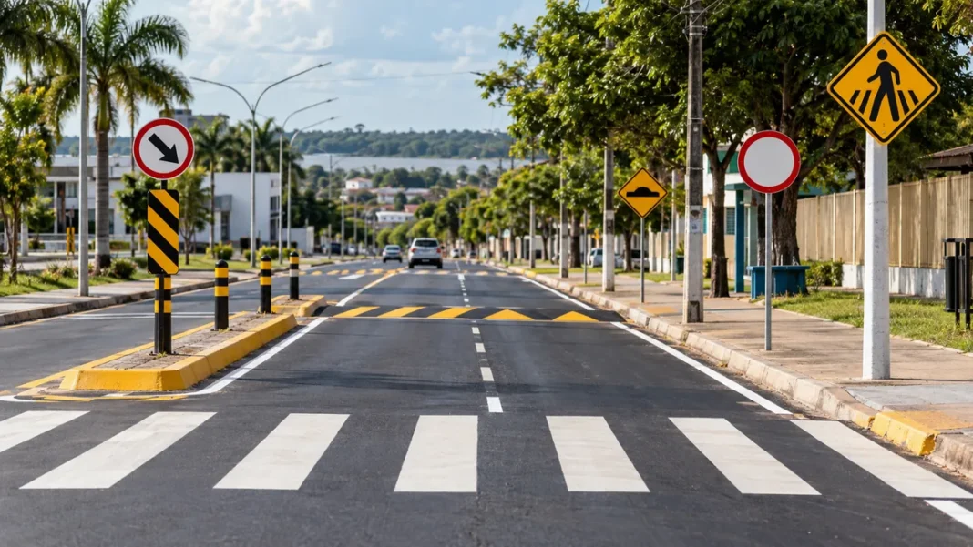 Imagem ilustrativa de sinalização viária com faixa de pedestres, placas e lombada em uma rua urbana.