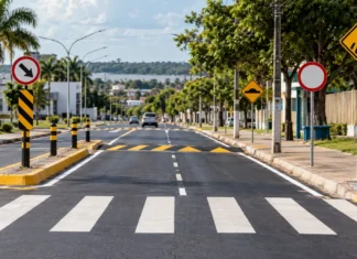 Candeias abre pregão de R$ 6,39 milhões para sinalização viária Imagem ilustrativa de sinalização viária com faixa de pedestres, placas e lombada em uma rua urbana.