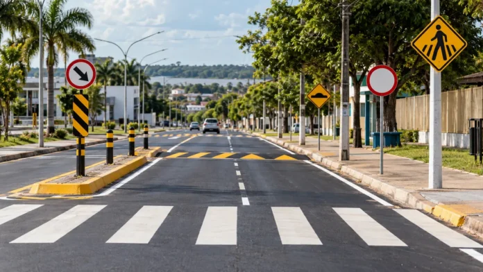 Sinalização em Candeias: pregão prevê serviços em vias municipais Imagem ilustrativa de sinalização viária com faixa de pedestres, placas e lombada em uma rua urbana.