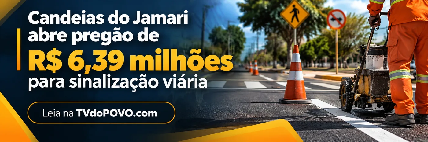 Faixa ilustrativa sobre sinalização em Candeias, com trabalhador fictício e pintura viária; pregão ainda não representa serviço executado