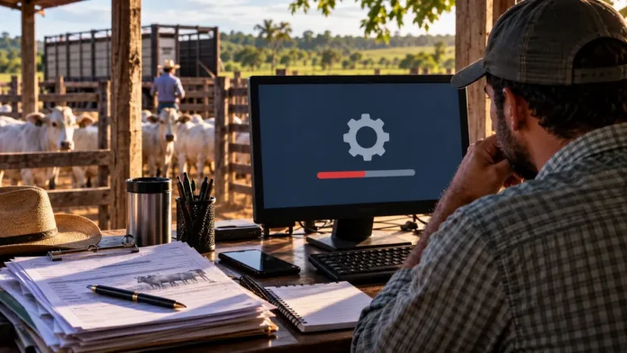 Sistema da Idaron para às 14h Sistema da Idaron em manutenção com produtor rural, gado e documentos de GTA