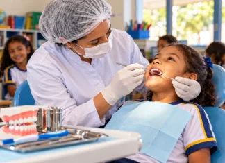 Sorriso Curumim volta às escolas de Porto Velho no dia 30 Imagem ilustrativa de atendimento odontológico preventivo em ambiente escolar, com profissional de saúde bucal examinando criança.