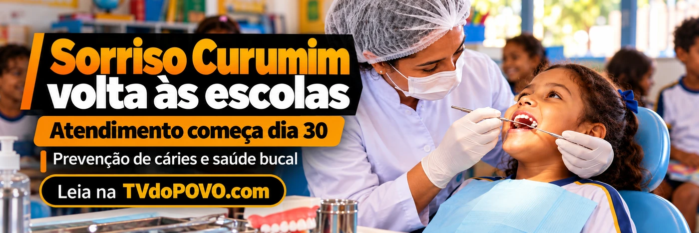 Faixa da TVdoPOVO sobre a retomada do Sorriso Curumim, com atendimento odontológico infantil em ambiente escolar e assinatura Leia na TVdoPOVO.com.