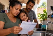 Tarifa Social de água tem prazo até dezembro; veja situação em Rondônia Tarifa Social de água em Rondônia em composição ilustrativa com família analisando conta de água ao lado de torneira e hidrômetro