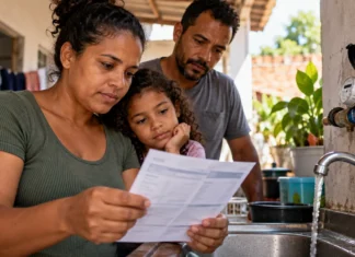 Tarifa Social de água tem prazo até dezembro; veja situação em Rondônia Tarifa Social de água em Rondônia em composição ilustrativa com família analisando conta de água ao lado de torneira e hidrômetro