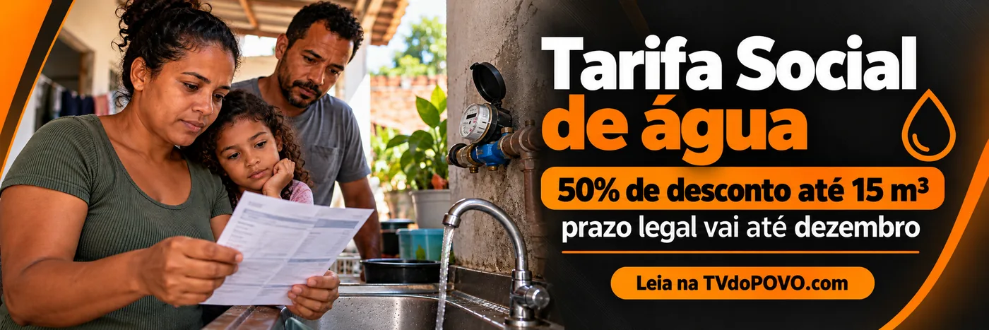 Faixa da TVdoPOVO sobre Tarifa Social de água em Rondônia com família, hidrômetro, desconto de 50% até 15 m³ e assinatura Leia na TVdoPOVO.com