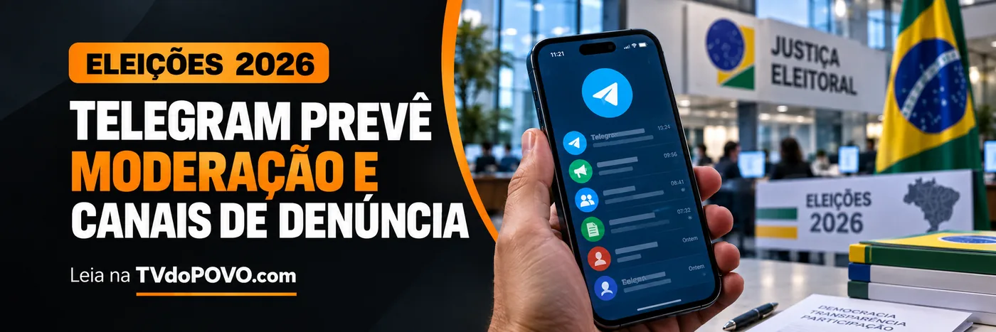 Faixa editorial sobre Telegram Eleições 2026 com moderação de conteúdos e canais de denúncia