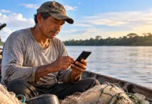 Seguro-Defeso tem terceiro lote em pagamento até 19 de setembro; veja como consultar Pescador artesanal consulta celular em barco com redes de pesca, em imagem sobre o terceiro lote do Seguro-Defeso