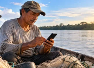 Seguro-Defeso tem terceiro lote em pagamento até 19 de setembro; veja como consultar Pescador artesanal consulta celular em barco com redes de pesca, em imagem sobre o terceiro lote do Seguro-Defeso