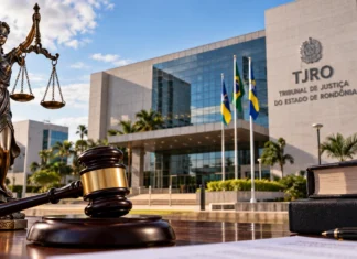 TJRO reorganiza varas da infância e prevê terceira Vara de Garantias Composição ilustrativa com estátua da Justiça, martelo judicial e fachada fictícia identificada como TJRO; não é fotografia do tribunal