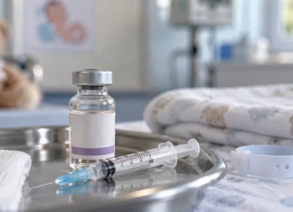 Anvisa amplia vacina contra meningite para bebês a partir de 6 semanas Vacina contra meningite em ambiente pediátrico com frasco e seringa para vacinação infantil
