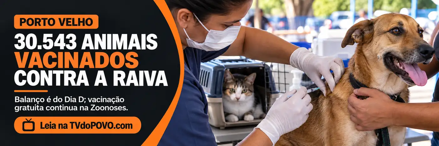 Faixa ilustrativa sobre vacinação antirrábica em Porto Velho, com cão, gato e balanço de 30.543 animais vacinados