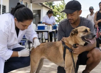 Vacinação antirrábica tem 102 pontos neste sábado em Porto Velho Profissional aplica vacina antirrábica em cão durante ação de vacinação em Porto Velho