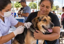 Rolim de Moura vacina cães e gatos contra raiva neste sábado em dois turnos Vacina contra raiva em Rolim de Moura sendo aplicada em cão durante campanha de vacinação antirrábica