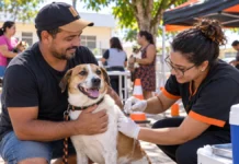 Vilhena terá 37 pontos de vacinação antirrábica no dia 12 vacinação antirrábica em Vilhena com cão sendo imunizado