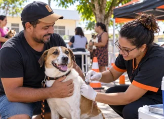 Vilhena terá 37 pontos de vacinação antirrábica no dia 12 vacinação antirrábica em Vilhena com cão sendo imunizado