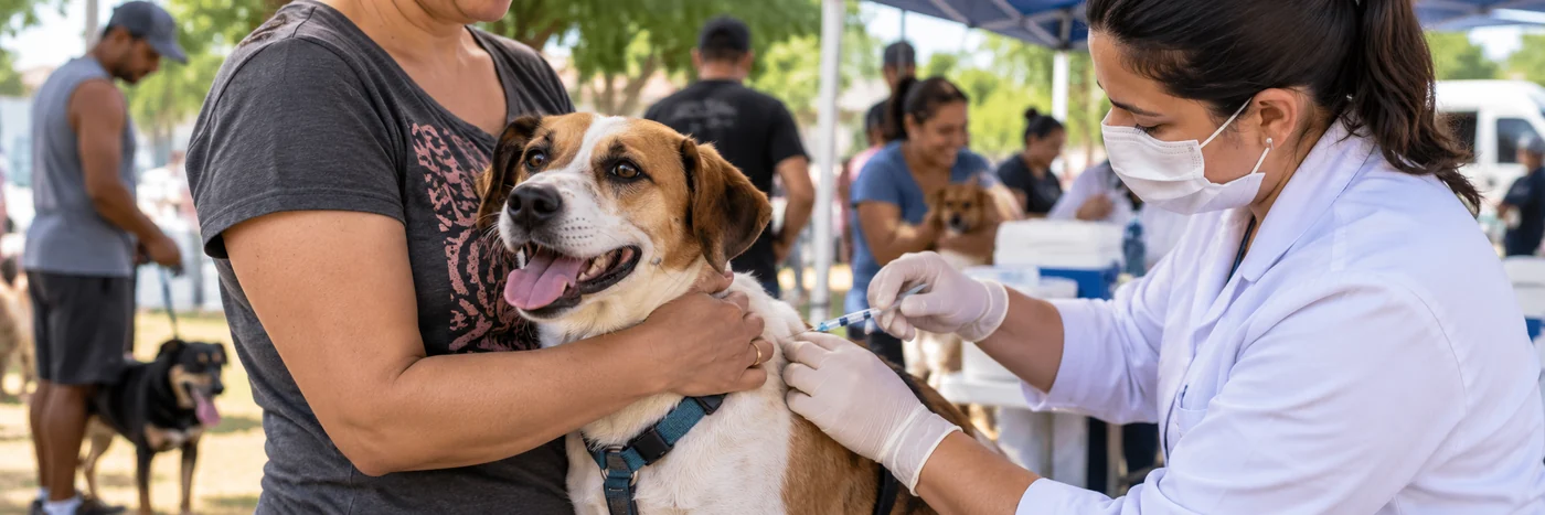 Vacinação antirrábica em Vilhena vacinação antirrábica em Vilhena com cão recebendo vacina durante campanha