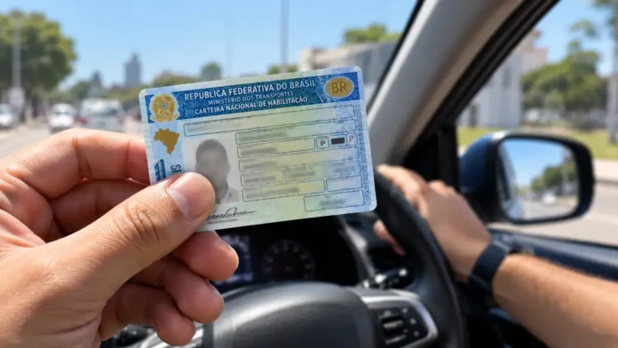 Validade da CNH até dezembro Validade da CNH prorrogada com motorista segurando carteira de habilitação dentro do carro