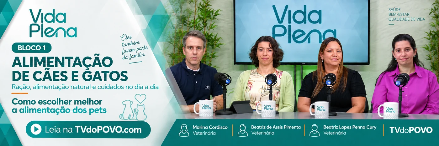 Vida Plena: cuidados alimentares — Bloco 1 Faixa do Bloco 1 do Vida Plena: alimentação de cães e gatos com apresentador e três veterinárias