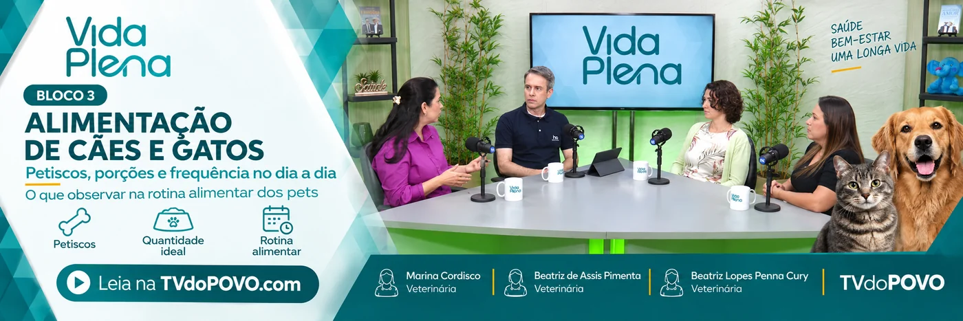 Vida Plena: petiscos e rotina — Bloco 3 Faixa do Bloco 3 do Vida Plena sobre petiscos, porções e rotina alimentar de cães e gatos