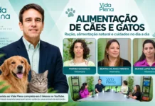 Vida Plena reúne veterinárias para falar da comida de cães e gatos Alimentação de pets é tema do Vida Plena, com apresentador, três veterinárias, cão e gato em composição editorial.
