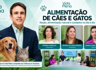 Vida Plena reúne veterinárias para falar da comida de cães e gatos Alimentação de pets é tema do Vida Plena, com apresentador, três veterinárias, cão e gato em composição editorial.