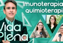 Imunoterapia e quimioterapia: Vida Plena explica diferenças e cuidados Capa do Vida Plena sobre imunoterapia e quimioterapia, com apresentador e três participantes em composição editorial verde