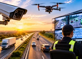 PRF começa videomonitoramento nas rodovias federais de Rondônia Composição ilustrativa sobre videomonitoramento da PRF com câmeras e drone em rodovias federais de Rondônia