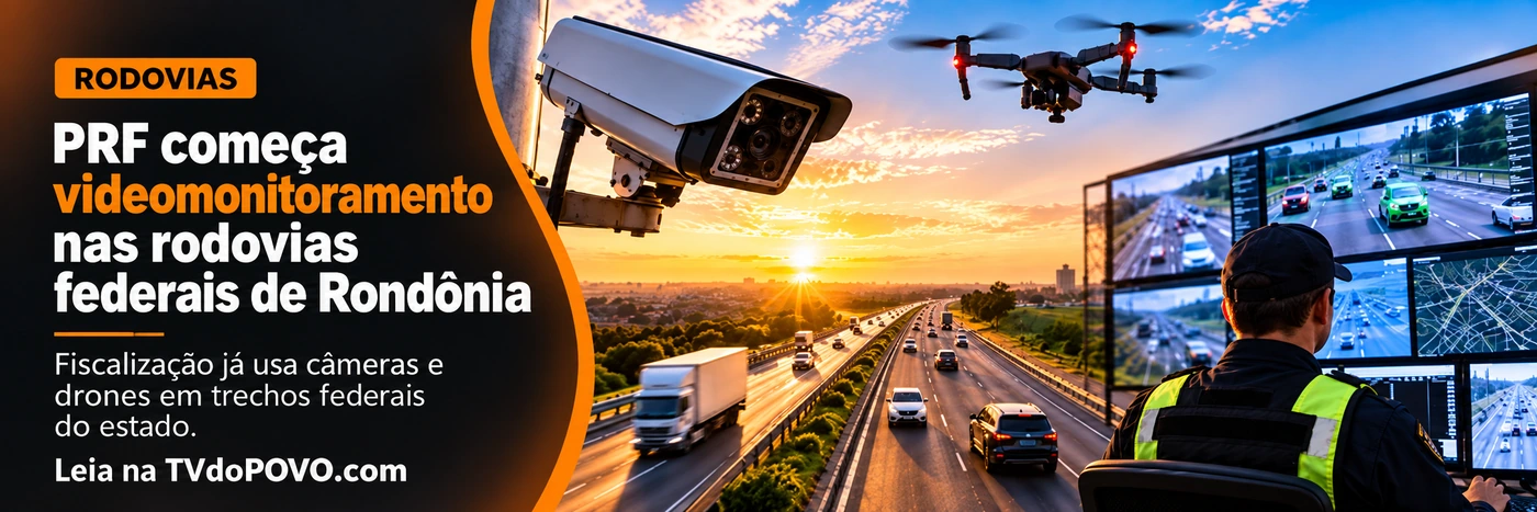 Faixa sobre videomonitoramento da PRF em rodovias federais de Rondônia com câmera, drone e central de monitoramento
