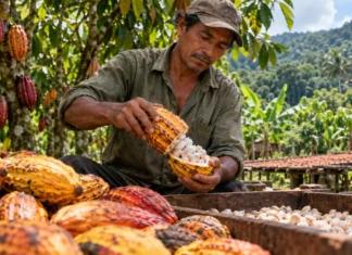Rondônia abre chamamento de R$ 500 mil para organizar cerimônia do 6º ConCacau em Jaru 6º ConCacau em Jaru é ilustrado por produtor manuseando frutos e amêndoas de cacau