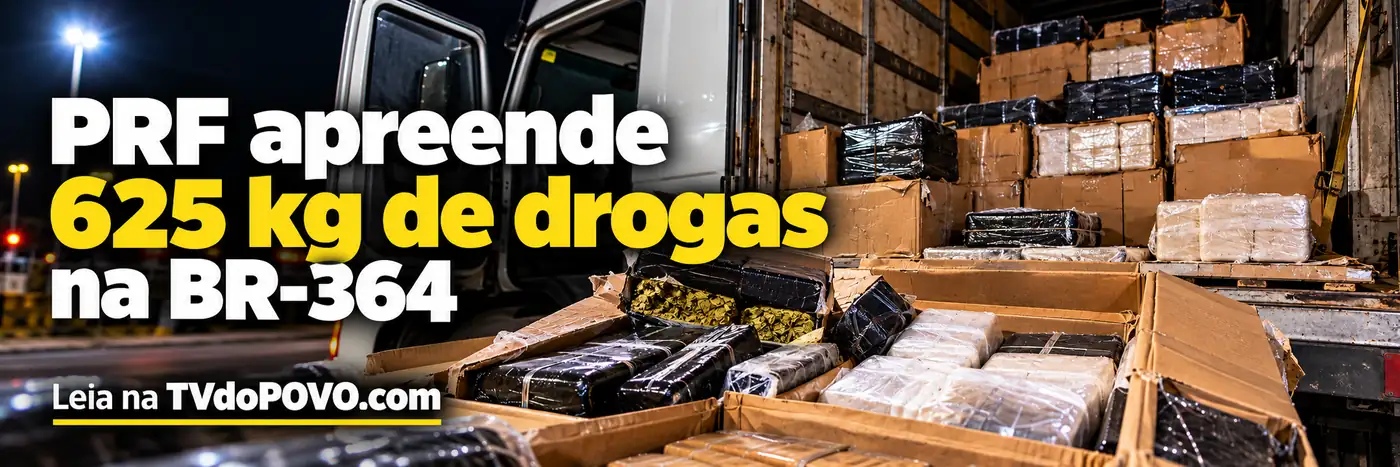 Faixa editorial mostra caixas e tabletes de drogas apreendidos em veículo de carga na BR-364