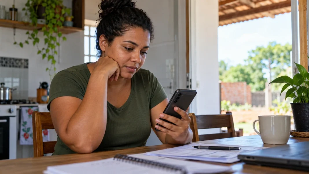 Trabalhadora consulta benefício pelo celular em Rondônia Trabalhadora consulta informações sobre o abono salarial Rondônia em celular, em cena ilustrativa relacionada ao lote complementar de outubro de 2026.