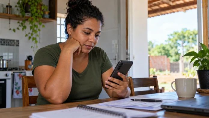 Trabalhadora consulta informações sobre o abono salarial Rondônia em celular, em cena ilustrativa relacionada ao lote complementar de outubro de 2026.