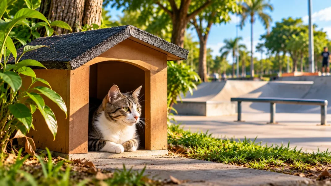 Abrigos para gatos no Skate Parque em Porto Velho Abrigos para gatos no Skate Parque: composição ilustrativa de um gato em abrigo de madeira próximo à pista de skate