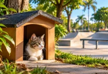 Skate Parque recebe abrigos com capacidade para até cinco gatos Abrigos para gatos no Skate Parque: composição ilustrativa de um gato em abrigo de madeira próximo à pista de skate