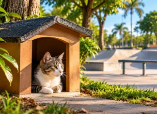 Skate Parque recebe abrigos com capacidade para até cinco gatos Abrigos para gatos no Skate Parque: composição ilustrativa de um gato em abrigo de madeira próximo à pista de skate