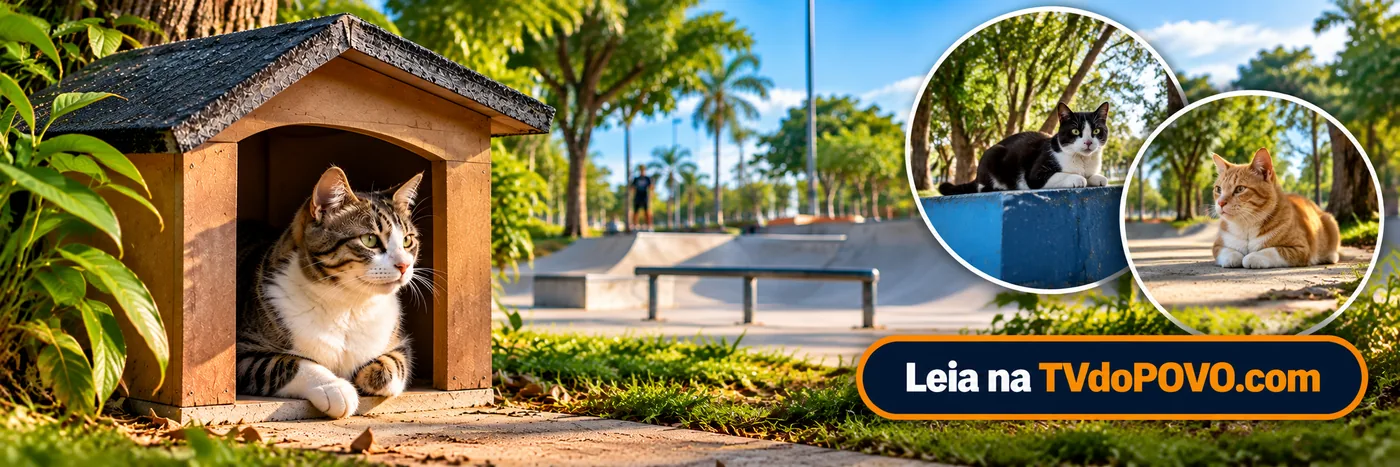 Faixa ilustrativa sobre abrigos para gatos no Skate Parque, com felinos, abrigo de madeira e assinatura TVdoPOVO