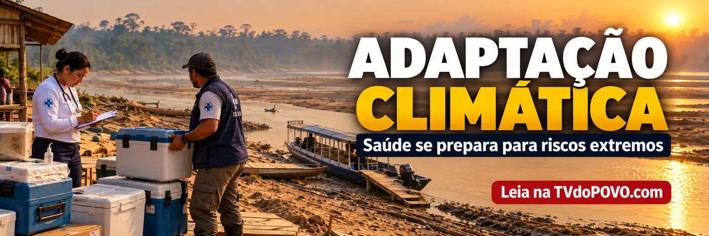 Faixa editorial mostra equipe de saúde e rio baixo em cenário ilustrativo de adaptação climática