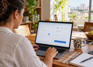Detran-RO permite agendar atendimento presencial pela internet; veja como marcar Agendamento online Detran-RO ilustrado por pessoa utilizando notebook para escolher data e horário de atendimento.