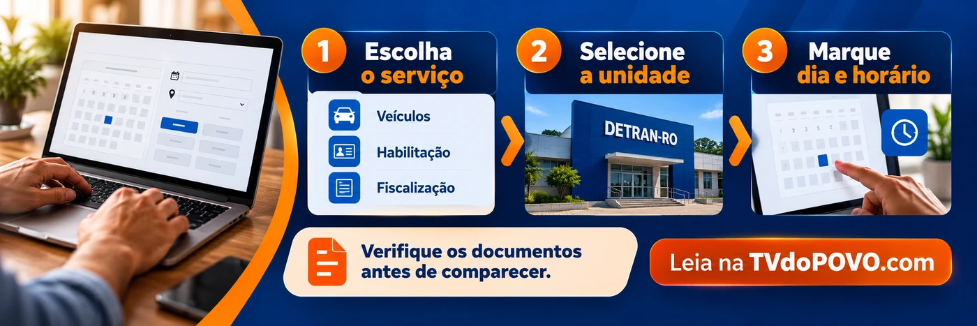 Infográfico mostra como escolher serviço, unidade, dia e horário para atendimento no Detran-RO